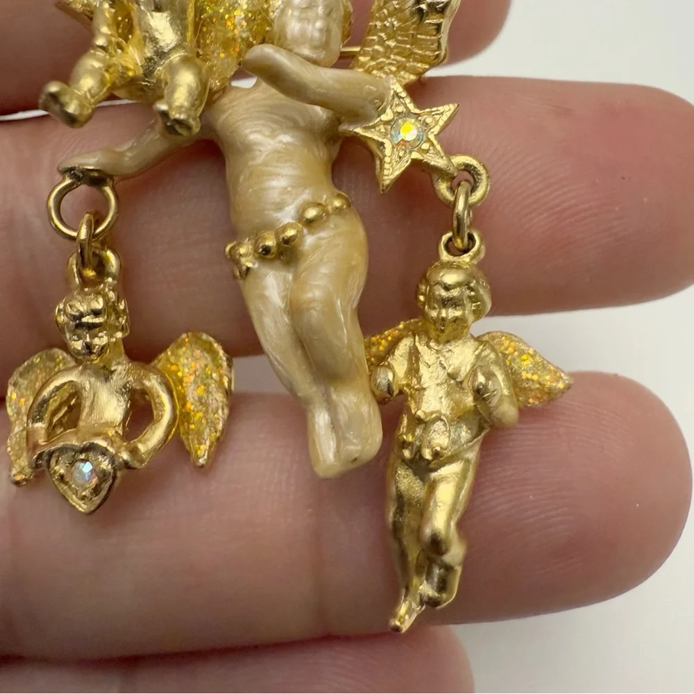 Vintage Kirks Folly Enamel Rhinestone Cherub Angel Dangle Goldtone Brooch Pin